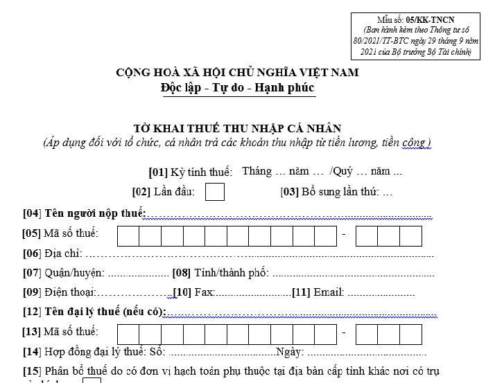 mẫu tờ khai thuế TNCN 