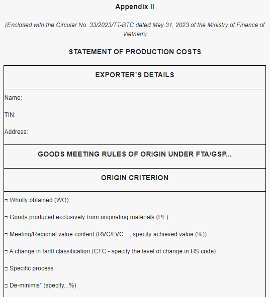 Is it mandatory to submit a statement of production costs when applying for determining the origin of imports and exports in Vietnam?