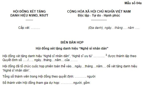 Biên bản họp Hội đồng xét tặng danh hiệu Nghệ sĩ nhân dân