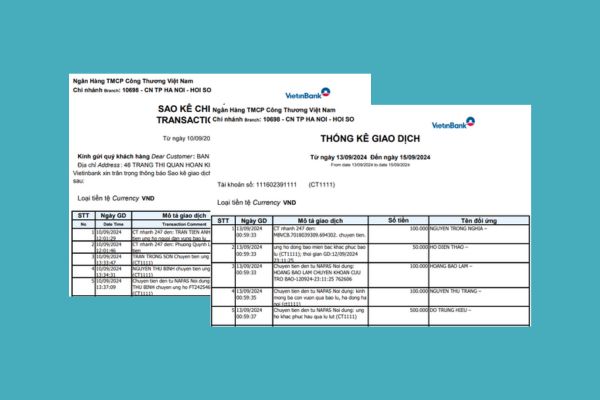 Summary of the Latest Vietinbank Bank Statement of the VFF Supporting People Affected by Storms and Floods