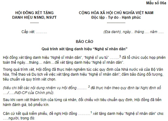 Mẫu 6a Báo cáo quá trình xét tặng danh hiệu "Nghệ sĩ nhân dân" của Hội đồng 