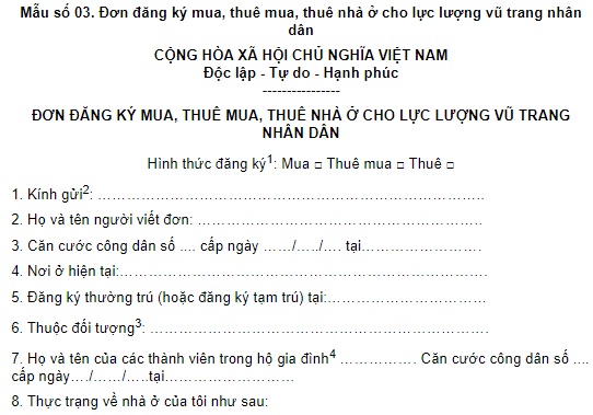 Mẫu 03 Đơn đăng ký mua, thuê mua, thuê nhà ở cho lực lượng vũ trang nhân dân