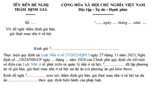 Mẫu Đơn đề nghị thẩm định giá bán, giá thuê mua nhà ở xã hội