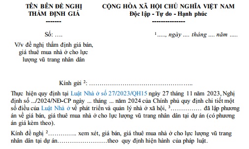 Mẫu Đơn đề nghị thẩm định giá bán, giá thuê mua nhà ở cho lực lượng vũ trang nhân dân