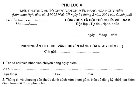 , Mẫu phương án tổ chức vận chuyển hàng hóa nguy hiểm