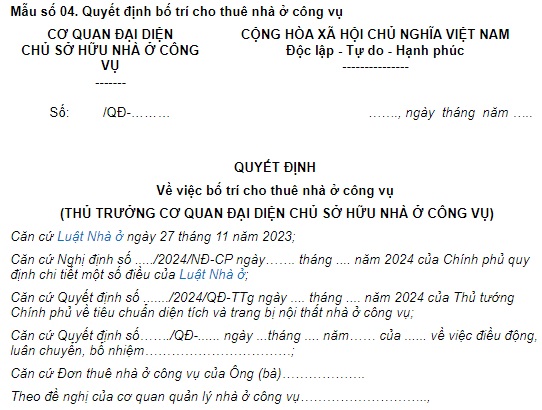 Mẫu 04 Quyết định bố trí cho thuê nhà ở công vụ