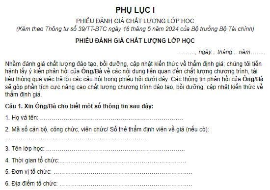 Mẫu phiếu đánh giá chất lượng lớp học nghiệp vụ thẩm định giá