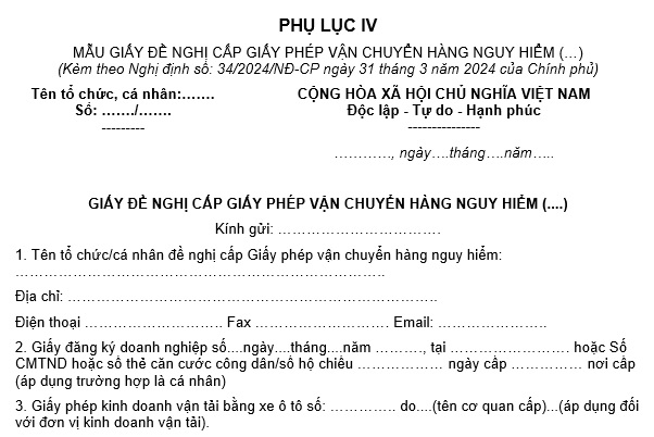 Mẫu giấy đề nghị cấp Giấy phép vận chuyển hàng nguy hiểm 