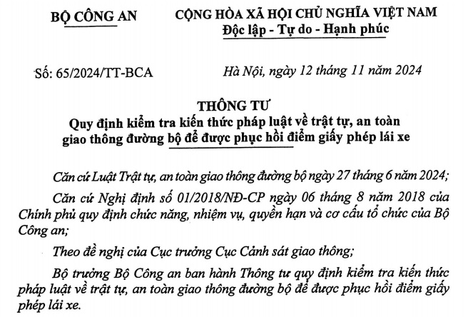 Đã có Thông tư 65/2024 về bài kiểm tra phục hồi điểm giấy phép lái xe từ 01/01/2025