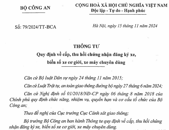 Đã có Thông tư 79/2024 về cấp chứng nhận đăng ký xe, biển số xe cơ giới