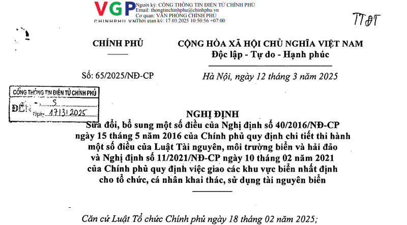 Đã có Nghị định 65/2025 sửa đổi một số quy định về tài nguyên, môi trường biển và hải đảo