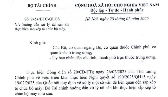 Công văn 2454/BTC-QLCS hướng dẫn xử lý tài sản khi sắp xếp tổ chức bộ máy