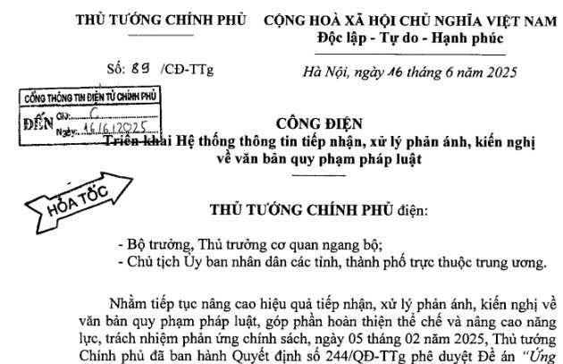 Công điện 89: Triển khai Hệ thống thông tin tiếp nhận và xử lý phản ánh kiến nghị về văn bản quy phạm pháp luật 