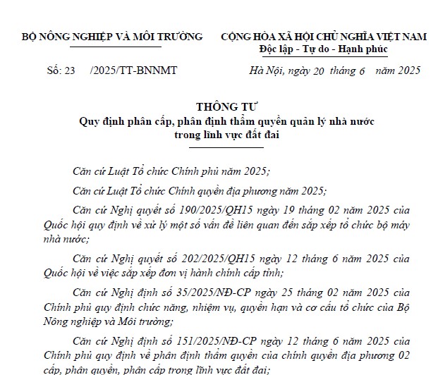 Thông tư 23/2025/TT-BNNMT về thẩm quyền quản lý lĩnh vực đất đai