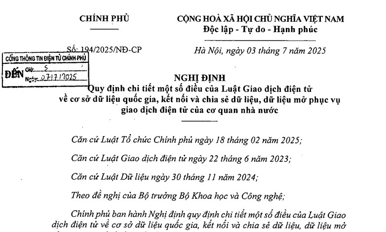 Nghị định 194/2025/NĐ-CP về cơ sở dữ liệu quốc gia, kết nối và chia sẻ dữ liệu, dữ liệu mở phục vụ giao dịch điện tử