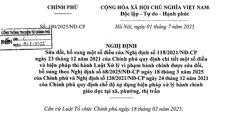 Đã có Nghị định 190/2025/NĐ-CP sửa Nghị định 118/2021 hướng dẫn Luật Xử lý vi phạm hành chính