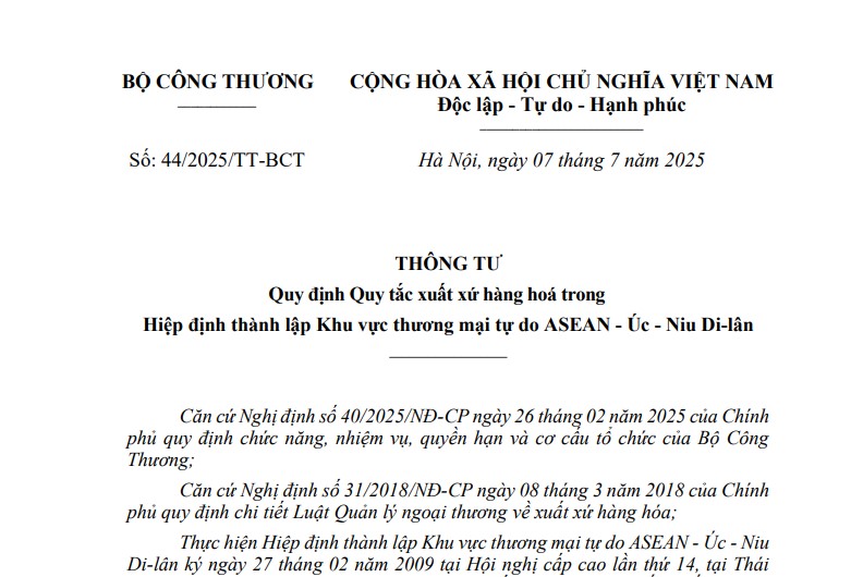 Thông tư 44/2025/BCT về cấp chứng nhận xuất xứ Hiệp định AANZFTA