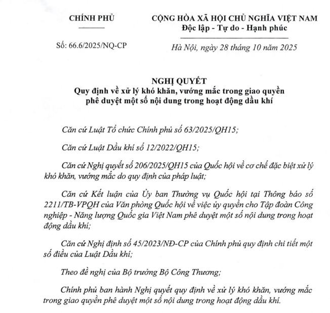 Chính phủ đã có Nghị quyết 66.6 về xử lý khó khăn trong giao quyền phê duyệt dầu khí