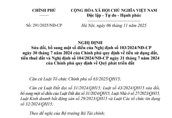 Đã có Nghị định 291/2025/NĐ-CP sửa đổi Nghị định 103/2024/NĐ-CP về tiển sử dụng đất, tiền thuê đất