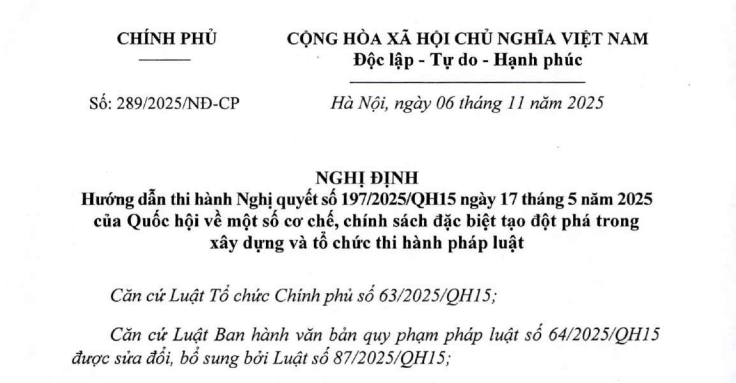 Đã có Nghị định 289/2025/NĐ-CP hướng dẫn Nghị quyết 197 về chính sách đặc biệt trong xây dựng pháp luật